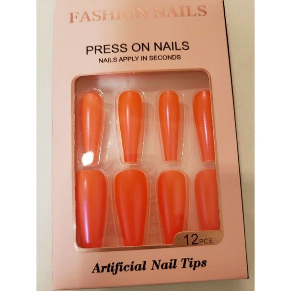 Press On Long Coffin Nails. Fashion Nail Tips.12 nails in set Shiny Orange. NIB. - Picture 5 of 5